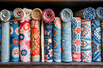 Colorful carpets rolled up and displayed on shelf in store