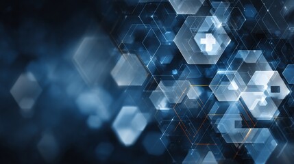 Abstract dark blue background with geometric shapes and glowing lines, futuristic medical theme concept for health technology, science, innovation and digital interface visuals