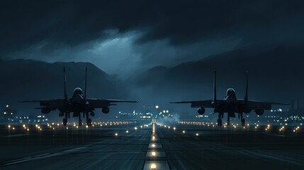 Night scene showing fighter aircraft launching under runway lights in coordinated assault..