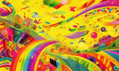 Fototapeta premium Abstrakte, bunte Wirbel und Formen in Gelb, Regenbogenfarben und leuchtenden Tönen