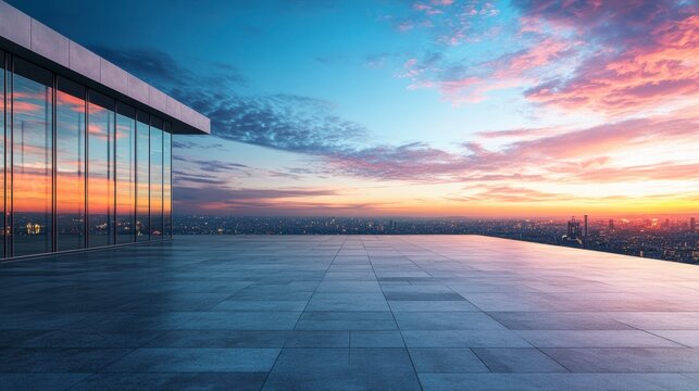 City rooftop terrace at sunset with modern building, panoramic view, empty space for advertising