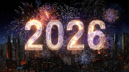 Vibrant 3D text '2026' surrounded by fireworks and snowflakes, city skyline at night, cinematic lighting