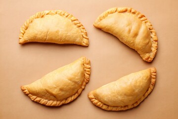 Golden baked empanadas on beige surface