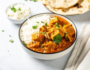 Indian meal with chicken curry, rice, and chapatis on white tablecloth in cozy indoor setting.
