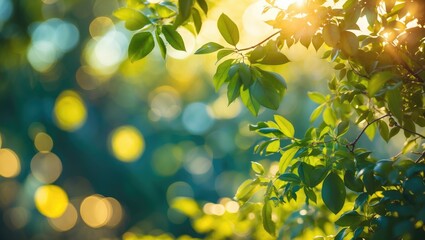 Obraz premium Sunlight filtering through green leaves in a natural outdoor setting.