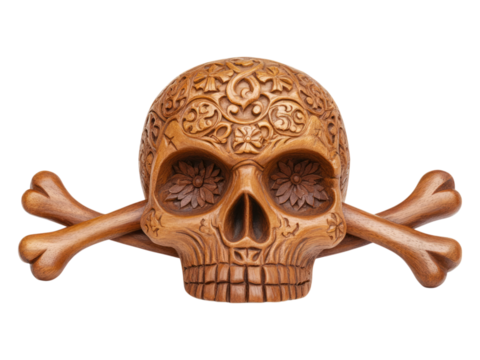 Detailed Carved Skull and Crossbones on Transparent Background