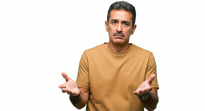 Middleaged mans shrug of puzzlement against stark white