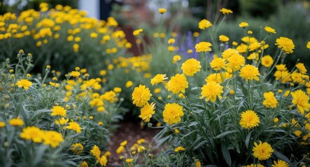 Obraz premium Bright yellow flowers blooming in a garden with lush green foliage and blurred background.