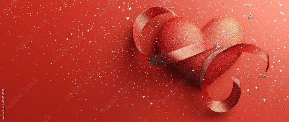 Poster Red heart with ribbon on red background with sparkles.