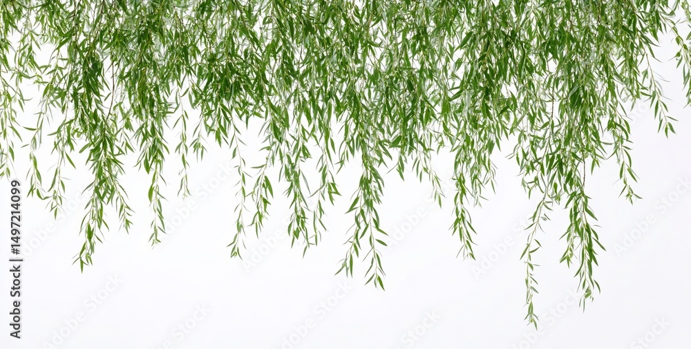 Poster lush weeping willow branches cascading down against a white backdrop.