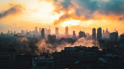 Obraz premium City Skyline Sunset Foggy Aerial View; Stock Photo
