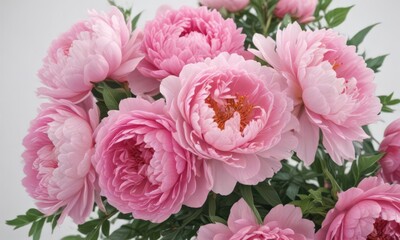 Naklejka premium Vibrant pink peonies & roses bouquet White background Copy space , invitation, close-up