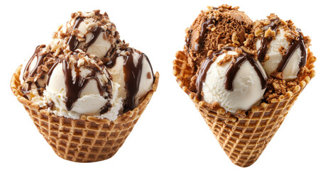 Delicious Chocolate & Vanilla Ice Cream Sundae in Waffle Cones