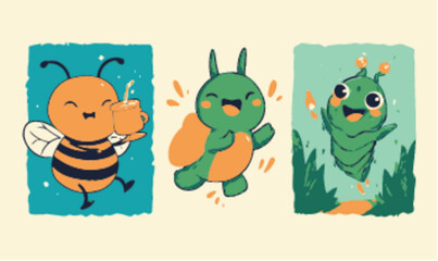 Fototapeta premium Charming Cartoon Characters of Bee, Caterpillar, and Turtle for Kids