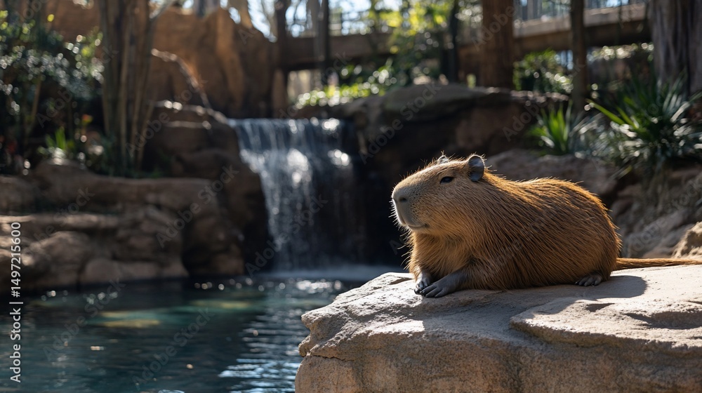 Poster capybara resting on a rock by a waterfall in a lush green environment.