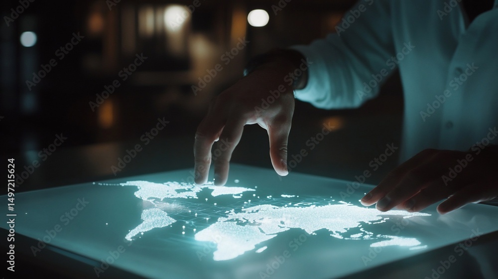 Poster person's hands interacting with a glowing world map projected onto a digital table.