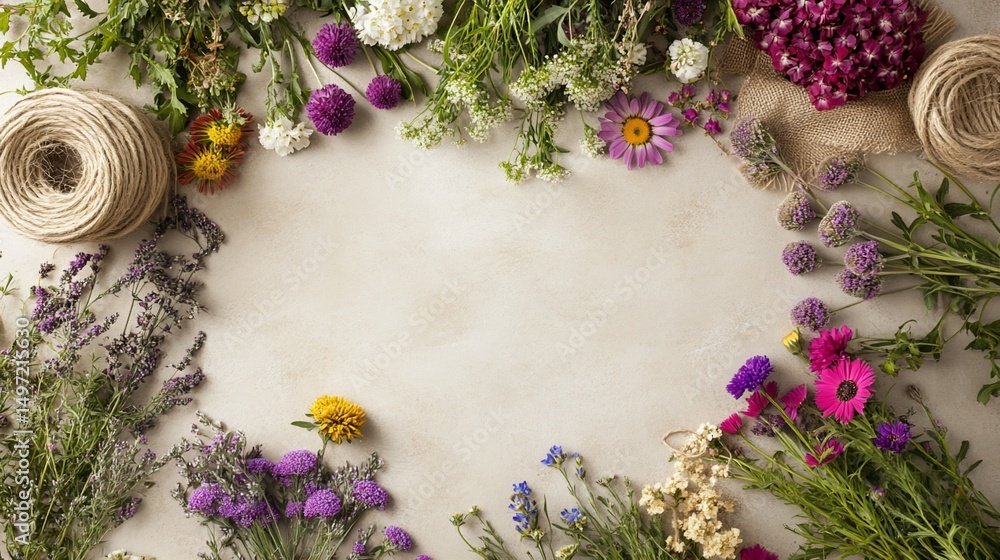 Poster colorful wildflowers and twine arranged on a beige background, creating a frame with copy space in t