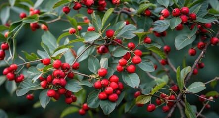 Obraz premium Red berries and green leaves on a shrub.