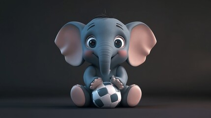 Adorable 3D rendered baby elephant sitting with soccer ball.