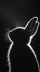 Silhouetted rabbit profile, illuminated whiskers, dark background.
