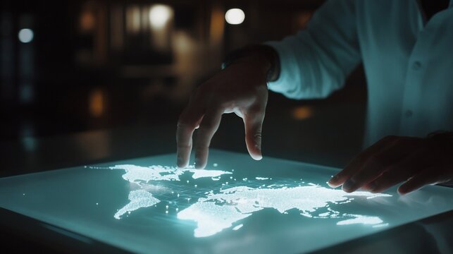 Person's hands interacting with a glowing world map projected onto a digital table.