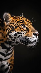 Close-up profile of a jaguar against a black background, showcasing its striking spots and intense gaze.