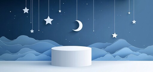 White cylindrical podium against a dreamy night sky backdrop with stars and moon.