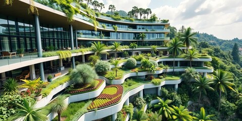 Obraz premium Modern building seamlessly integrated with terraced gardens and lush greenery, showcasing sustainable architecture, building, foliage