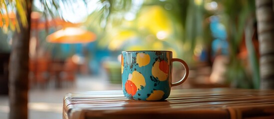 Colorful mug on wooden table outdoors.