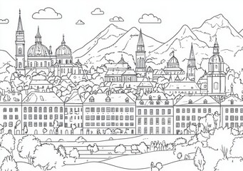 Fototapeta premium Zeichnung einer malerischen Stadtlandschaft mit Bergen im Hintergrund