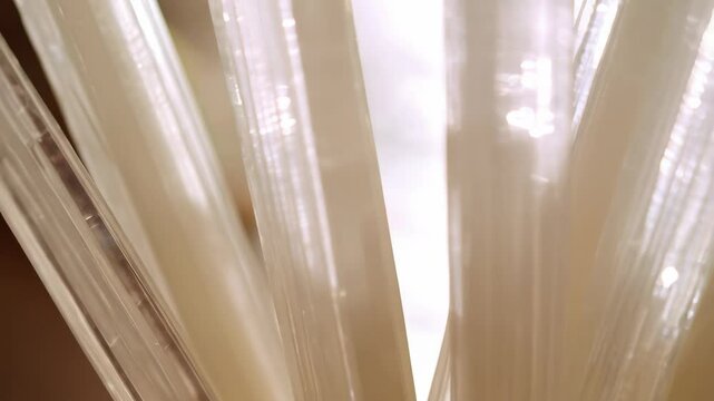 Bundled long white sticks tightly sealed in clear plastic wrapping, creating a textured abstract geometric pattern with reflections.