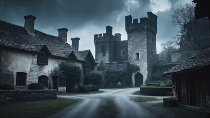 Dark castle and old houses at night with cloudy sky, mysterious and atmospheric setting. Gothic and medieval architecture. The scene of a fortress and surrounding village.