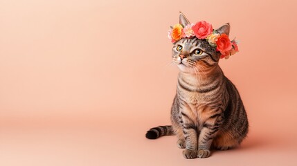 Adorable tabby cat wearing a floral crown against a peach background. (1)