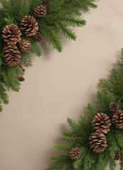 Lush green fir branches intertwined with rustic pine cones, creating a festive winter border ,  texture,  woodland,  botanical