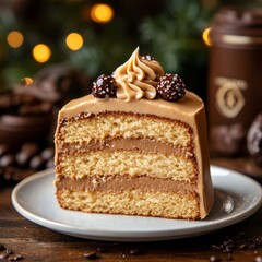 Slice of Cappuccino Cake with Coffee Frosting and Chocolate Covered Coffee Beans on White Plate