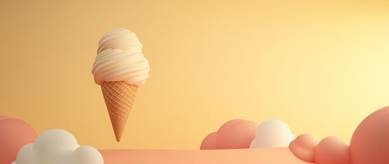 Creamy vanilla ice cream cone floats above pastel clouds against a yellow backdrop.