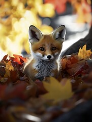 Adorable red fox kit nestled amongst autumn leaves.