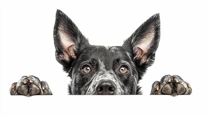 Curious dog peeking over white background, showing paws and head.