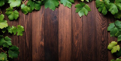 Lush green grape leaves frame dark brown wooden planks, ideal for text or product placement.