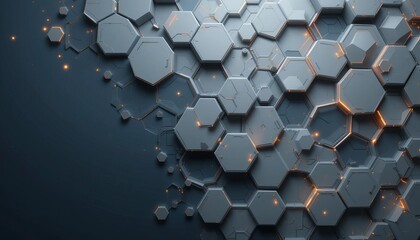 Abstract pattern of gray hexagons with orange glowing edges on a dark background design texture