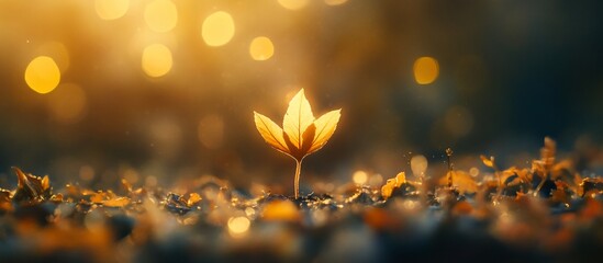 Golden hour illuminates a single sprout emerging from the ground.