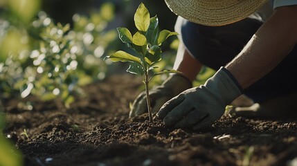 Person planting a small tree sapling in garden soil.