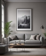 Stylish living room, grey sofa, framed posters ,  photo,  space