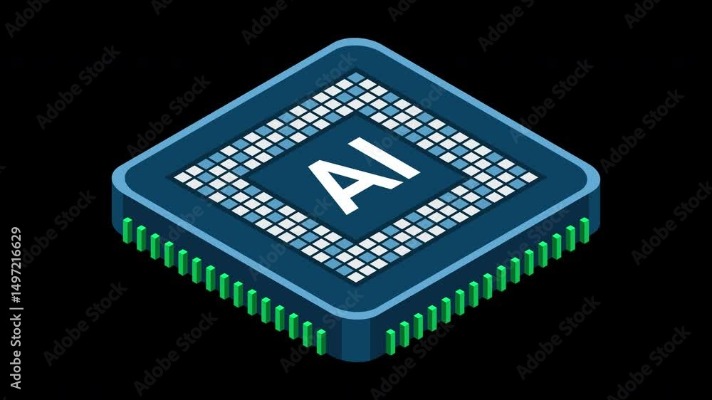 Fototapete Isometric artificial intelligence chip animation. Artificial intelligence concept. Futuristic microchip processor. Motion graphic. Transparent background with alpha channel