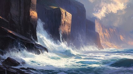 Dramatic ocean waves crashing against high cliffs, sunlight illuminating the scene.