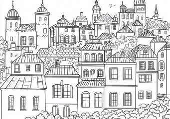 Schwarz-Weiß-Illustration einer europäischen Stadtlandschaft