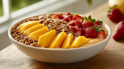 Delicious smoothie bowl with mango, strawberries, and granola. (1)
