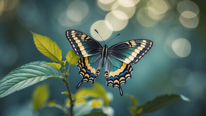 Fototapeta premium A butterfly perched on a leaf with a bokeh background, emphasizing nature and wildlife.