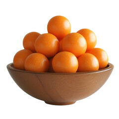 wooden bowl filled with vibrant orange balls, creating cheerful and inviting display. smooth texture and bright color add playful touch to any setting