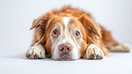 Adorable red merle Australian Shepherd dog lying down, looking at the camera.